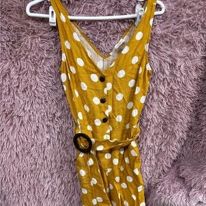 Mustard yellow and white polka dot romper